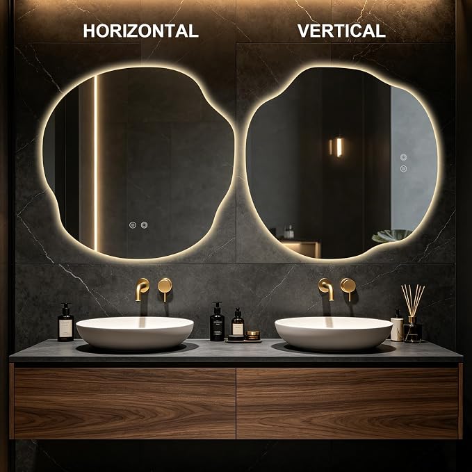 Asymmetrical Bathroom Mirror with Lights,Irregular LED Bathroom Vanity Mirror with Backlit,Anti-Fog,3 Colors and Dimmable Light with Memory,Hardwired Supported[Horizontal/Vertical] 36" H x 36" W