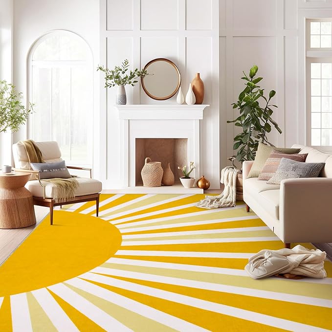 Lahome Yellow Rainbow Sun Area Rug: 9'x12' Ultra-Thin Machine Washable & Non-Slip with Cute Boho Print for Nursery, Bedroom, Living Room, Classroom & Dorm