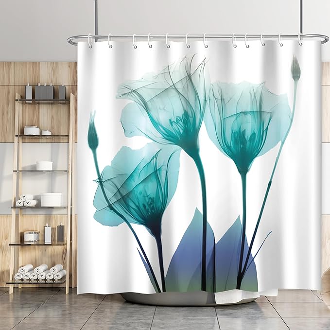 Teal Floral Shower Curtain Turquoise Tulip Flower Shower Curtains for Bathroom Waterproof Polyester Fabric Bath Curtain 72 x 72 Inch with 12 Hooks