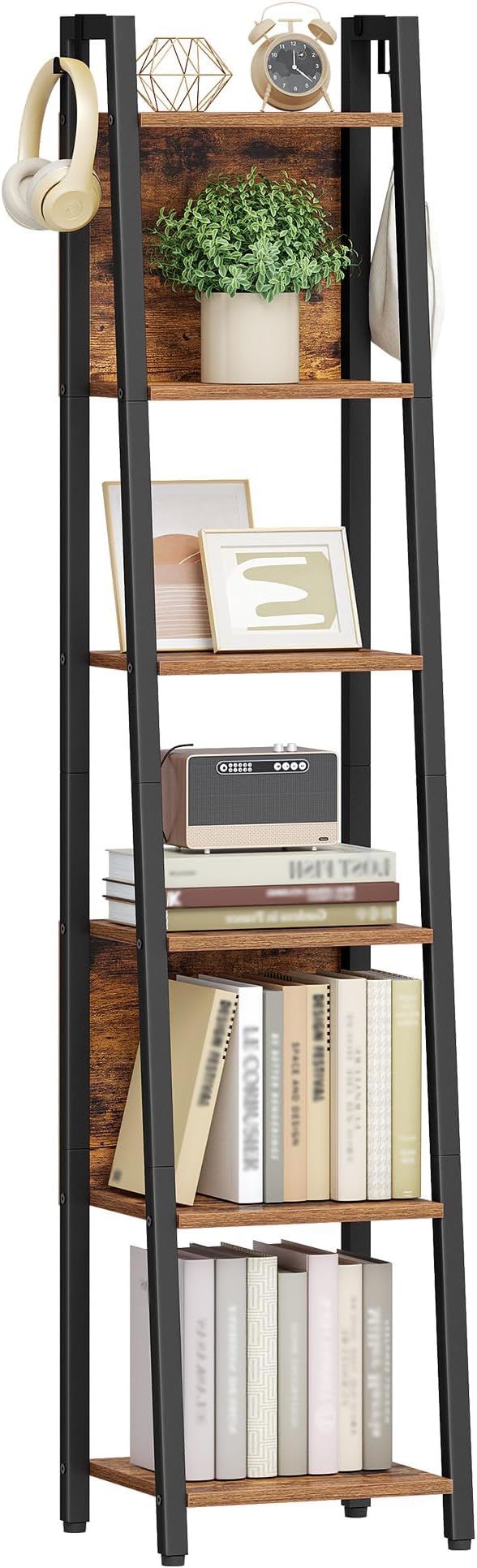 Hzuaneri Ladder Shelf, 6-Tier Narrow Bookshelf with 2 Back Panels, Industrial Ladder Shelf with 2 Hooks, for Home Office, Living Room and Bedroom, 12.2" D x 12.2" W x 63" H, Rustic Brown BC31601B