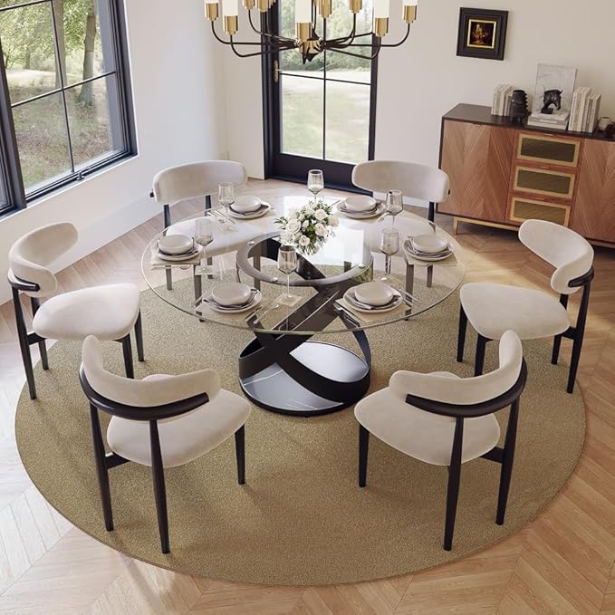 POVISON 59" Modern Round Dining Table, Glass Round Kitchen Table for 6, Glass Dining Room Table Top with Black X Carbon Steel Base for Dining Room (Dining Table Only)