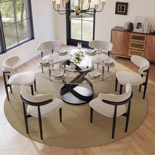 POVISON 59" Modern Round Dining Table, Glass Round Kitchen Table for 6, Glass Dining Room Table Top with Black X Carbon Steel Base for Dining Room (Dining Table Only)