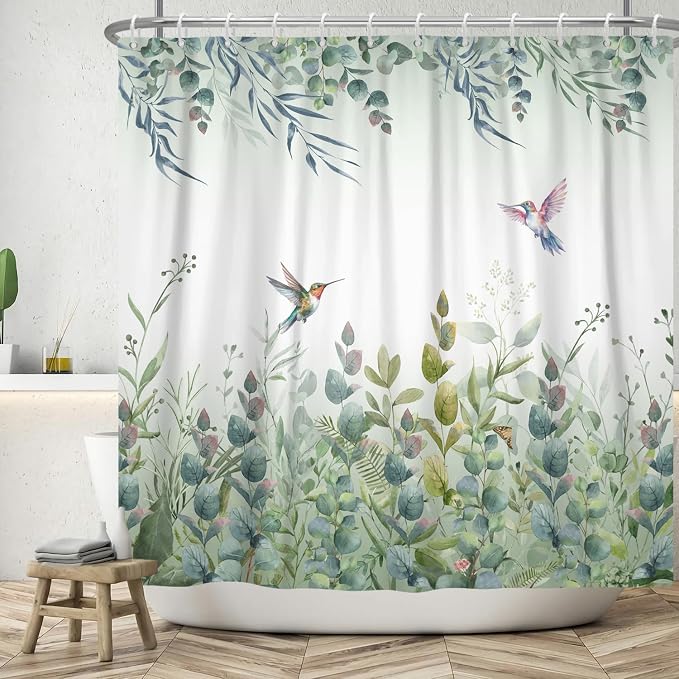 Green Leaf Shower Curtain Colourful Bird Eucalyptus Bathroom Curtain Plant Leaves Botanical Hummingbird Spring Summer Shower Curtain Sets for Bathroom Extra Long 72x84 in with 12 Hooks