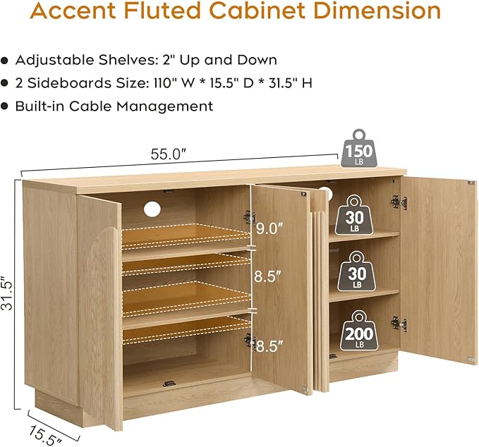 Yechen Accent Fluted Sideboard Buffet Cabinet with Arched Reeded Doors, Mid Century Modern Credenza Storage with Adjustable Shelves, Media Console Table for Living Room, Kitchen, Entryway, or Hallway