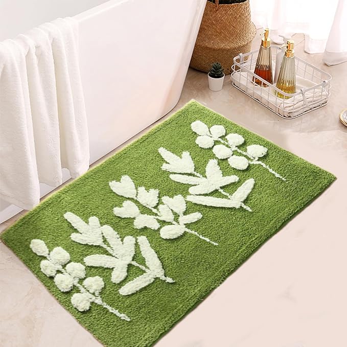 Hi Space Bathroom Rugs 31.5x19.7IN Green Leaves Bath Mat for Bathroom Non Slip Machine Washable Soft Microfiber Absorbent Cute Bath Rug Plush for Tub Shower Sink Fluffy Home Decor Accessories