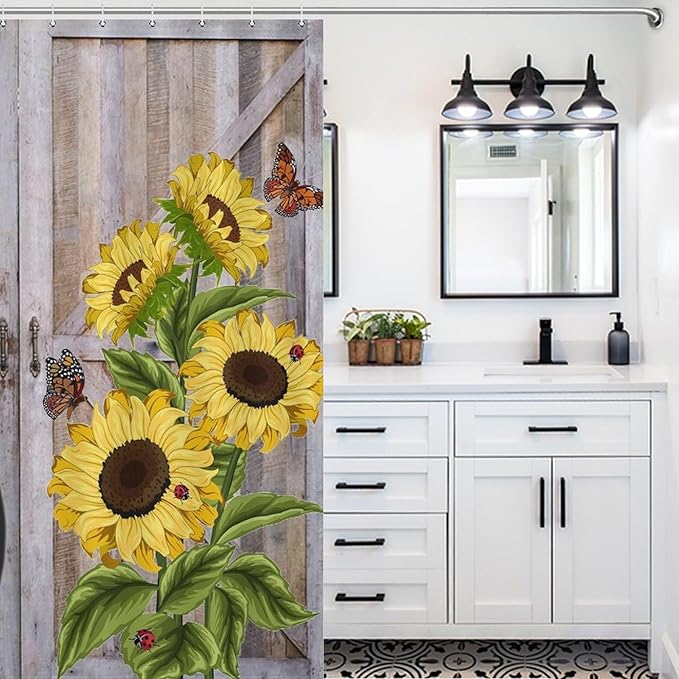 Rustic Sunflowers Butterfly Shower Curtain, Wooden Board Western Barn Door Farmhouse Vintage Daisy Floral Botanical Waterproof Shower Curtains for Bathroom Decor 12 Pack Hooks 66x72in（168x183cm）