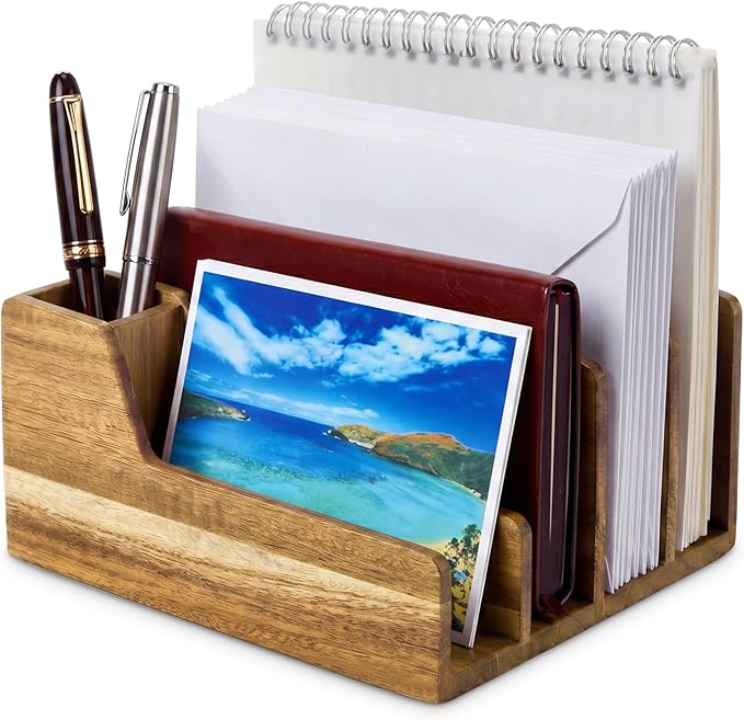 Novabright Acacia Wood Mail Organizer with Pen Holder, 5 Slot Desk File Organizer, Wooden Letter Sorter for Desk, Compact Desktop Document Holder for Home Office Storage