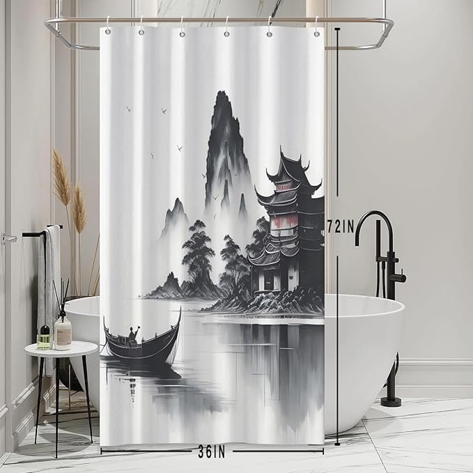 Abstract Ink Painting Shower Curtain Chinese Traditional Nature Landscape Mountains Lake Shower Curtains for Bathroom Accessories Waterproof Polyester Fabric with Hooks, 36 x 72 Inch