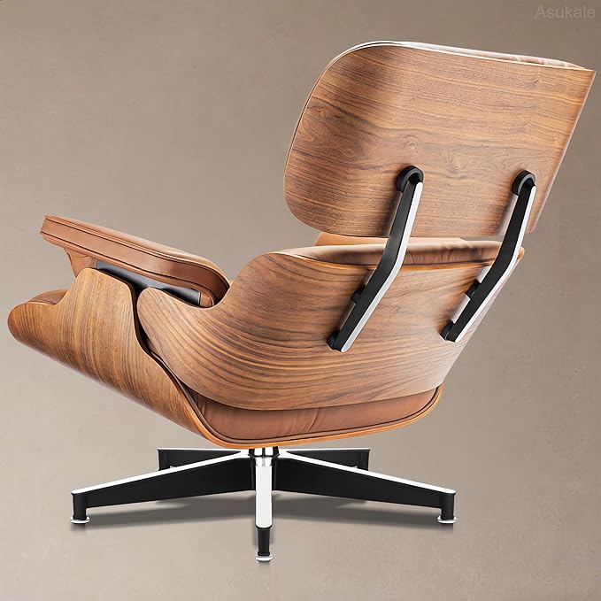 Top Grain Leather, Mid Century Chaise Lounge Chair and Ottoman, Reading Chair, Leather Accent Chair, Modern Chair, Classic Design, Heavy Duty Base Support for Living Room Lounge Office, Walnut-Brown