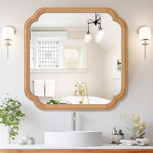 Ferytane Square Natural Wood Mirror 24X24 Inch,Wood Mirror for Bathroom Over Sink Rounded Corner Wooden Framed Mirror for Vanity, Entryway, Living Room Farmhouse, Tempered Glass (Natural Beech Wood)