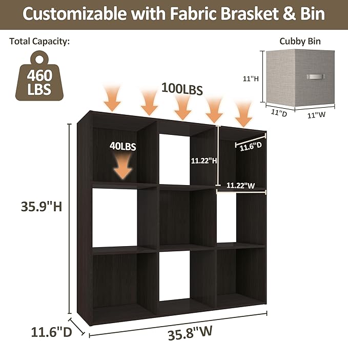 PrimeZone Stackable 9 Cube Storage Organizer: Wood Cubes Shelf Fits Cubby Bins - Square Cubicle Bookshelf Cabinet for Closet Bedroom - Open Storage Shelf for Toy Clothes Book Organization, Espresso