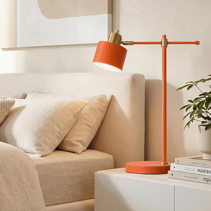 OYEARS 22.2" Modern Desk Lamp, Metal Table Lamp with LED Bulb, Adjustable Reading Lamps for Living Room, Mid Century Task Lamp for Home Office, Industrial Bedside Lamps with Solid Base, Orange