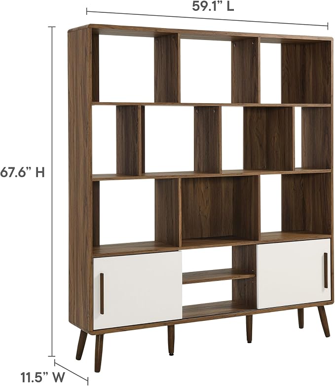 Modway Transmit 14 Shelf Bookcase with Sliding Doors in Walnut Linen - 59 Inch Wood Mid-Century Modern Bookshelf - 4 Tier Wide Open Display Storage Cabinet for Living Room, Office, Hallway