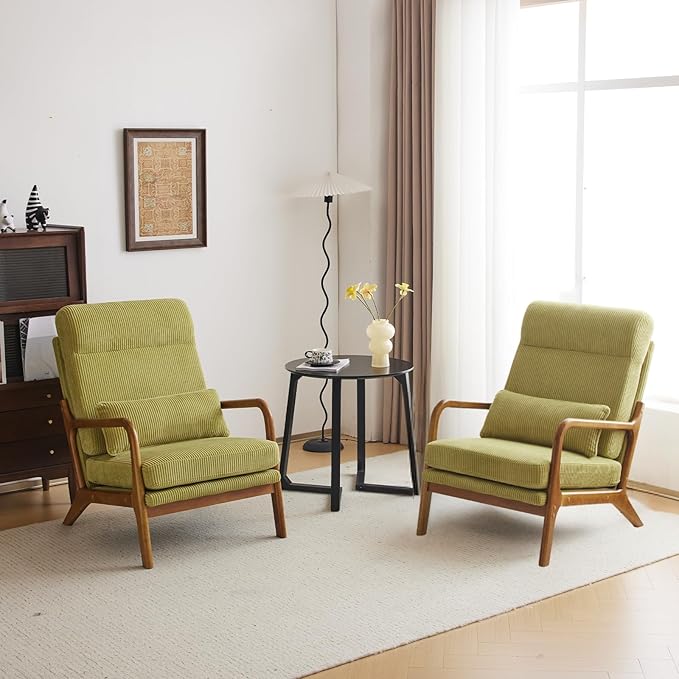 Karl home Mid-Century Modern Accent Chair, Living Room Chairs with Pillow High Back Corduroy Upholstered Lounge Armchair with Solid Wood Frame & Soft Cushion for Bedroom, Reading Room, Green