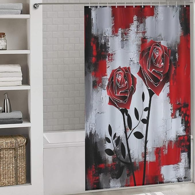 Red Rose Abstract Shower Curtain Nature Red Rose Floral Valentine's Day Artistic Waterproof Shower Curtains for Bathroom Decor 12 Pack Hooks 55x72in（140x183cm）