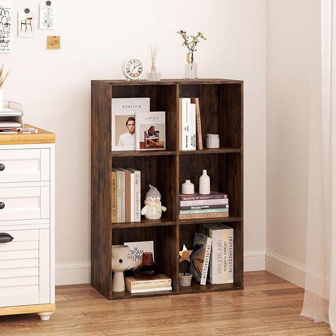 Tangkula 6-Cube Bookcase, Large Floor Standing Horizontal Bookshelf with 6 Open Shelves & 2 Anti-Tipping Kits, Home Office Wooden Storage Book Shelf for Living Room, Study (Rustic Brown, 6-Cube)