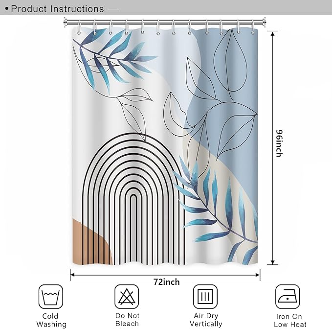 Abstract Mid Century Bathroom Shower Curtain - Bohemian Eucalyptus Leaves Stripes Arch Light Blue With Hooks, Waterproof Fabric Polyester Home Decor, 72x96 Inch