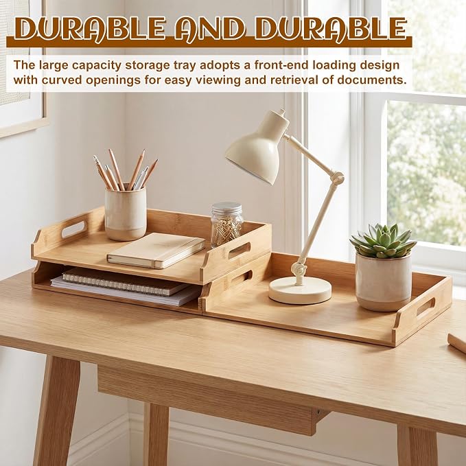 AceOrbit 3 Pcs Stackable Paper Tray Bamboo Wood Desk Organizer Letter Tray 3 Tier Wooden File Organizer Desk Shelf for Documents, Letter Sorter, Envelopes and Magazine Holder