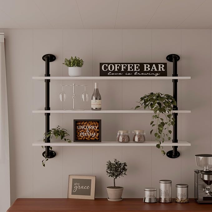 HDDFER Floating Bookshel Industrial Pipe Shelving Pipe Shelves Rustic White Wall Shelves 36 Inch Farmhouse Book Shelves for Kitchen Bar,Bathroom Wall Mounted