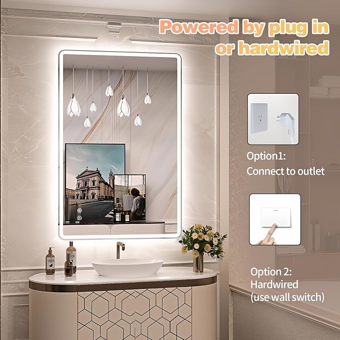 Niccy 24"x36" LED Bathroom Mirror, Rectangle Vanity Mirrors with Lights, Frontlit & Backlit Lighted Vanity Mirror, Memory Funtion, 3 Colors & Stepless Dimmable, Anti-Fog, Horizontal/Vertical