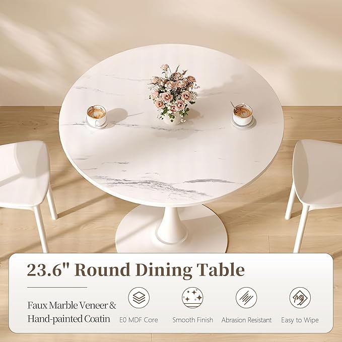 24 Inch Round Dining Table,Mid-Century Tulip Table with Metal Pedestal Base,Modern Leisure Table for Small Space Kitchen Dining Room,Easy Assembly,Marble Finish
