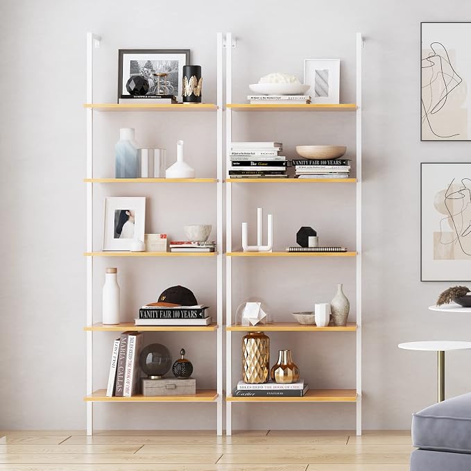 DlandHome Industrial Wall Mounted Shelves 5-Tier Ladder Shelves Bookcase Open Display Shelves with Metal Frame，Teak