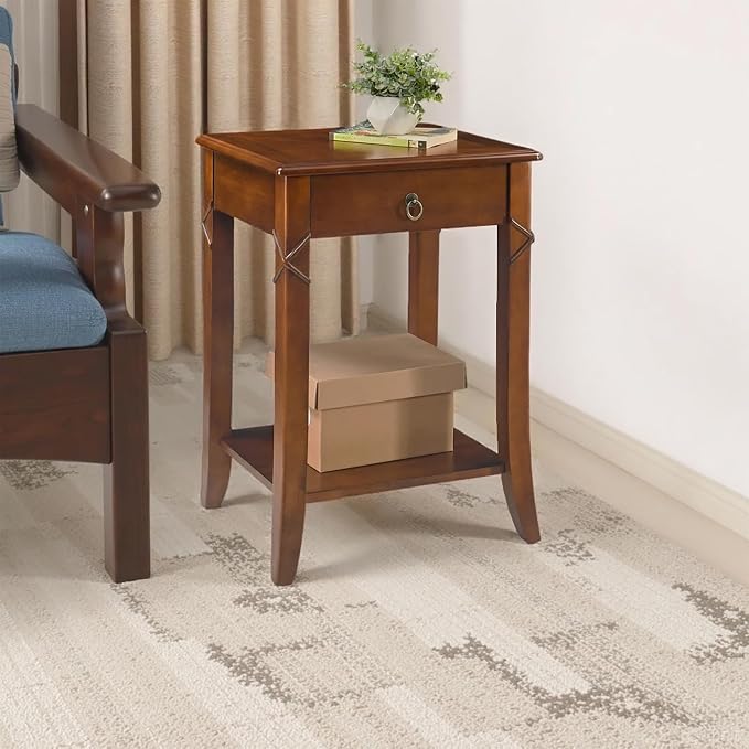 Solid Wood End Table with Drawer, Beside Table, Nightstand, Mid-Century Modern Funiture with Storage Shelf, 19.7" x 15.7" x 27.6" High Living Room Side Table with Wood Frame, Cherry Walnut GBJ-DR200