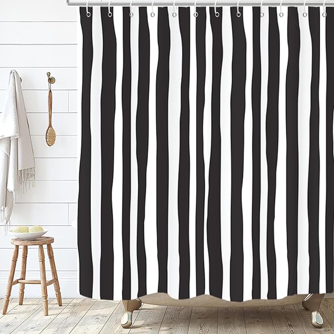 Black and White Shower Curtain, Striped Boho Minimalist Modern Waterproof Fabric Machine Washable for Bathroom Decor Bathtub with Hooks 60Wx72H