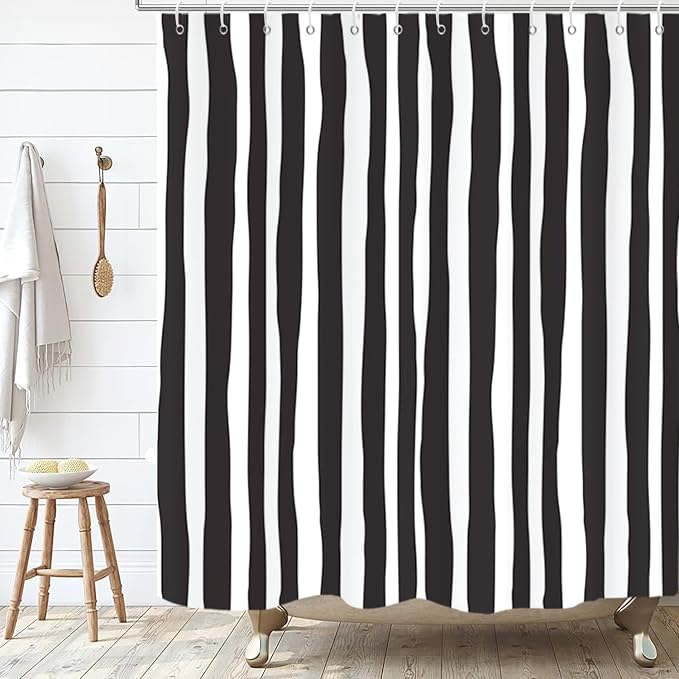 Black and White Shower Curtain, Striped Boho Minimalist Modern Waterproof Fabric Machine Washable for Bathroom Decor Bathtub with Hooks 72x72