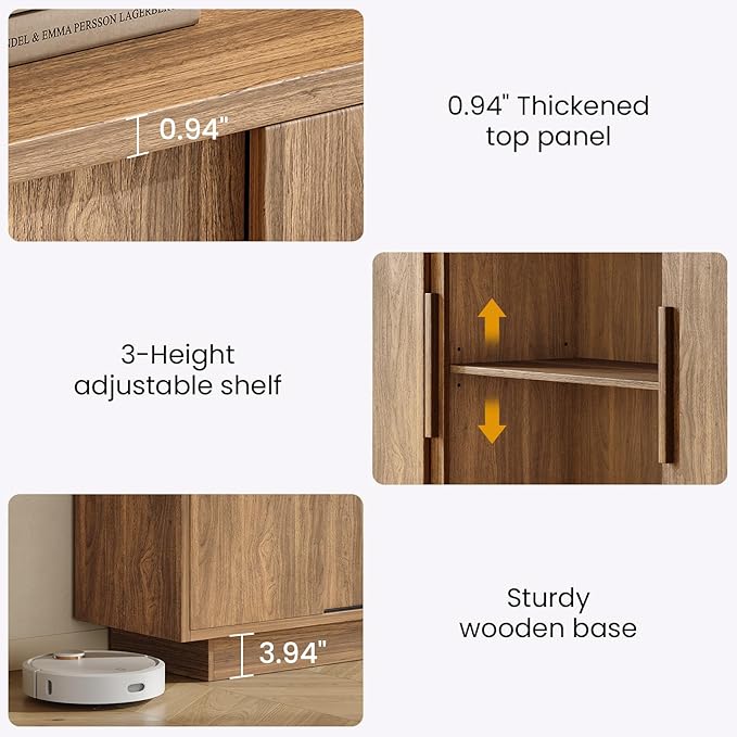 ModernMate 63'' Sideboard Buffet Cabinet with 4 Sliding Doors, Wood Credenza Storage Cabinet with Pedestal Base, Large Side Board with Adjustable Shelf for Living Room, Kitchen, Hallway, Walnut