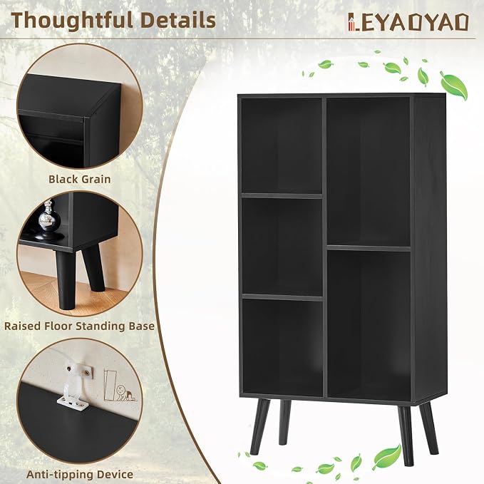 LEYAOYAO 5 Cube Bookshelf 3-Tier Bookcase with Legs,Mint Black Kids Book Shelf Cute Storage Organizer,Free Standing Open Toy Shelves Wood Bookshelves,Display Bookcases for Bedroom,Living Room,Nursery