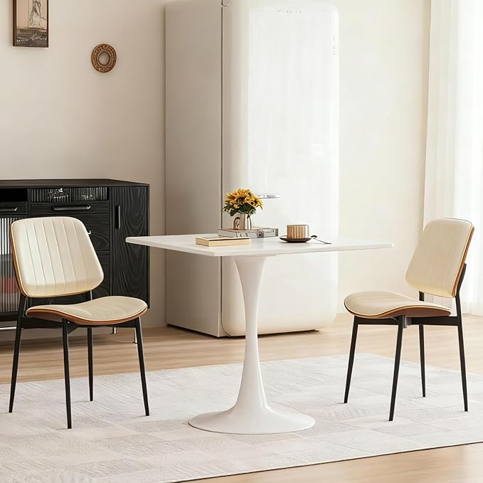 Square Dining Table, 31.5" Tulip Table with Thickened Tabletop & Metal Pedestal, Mid Century Modern Bistro Table for Kitchen, Small Places, Living Room, Cafe (White)