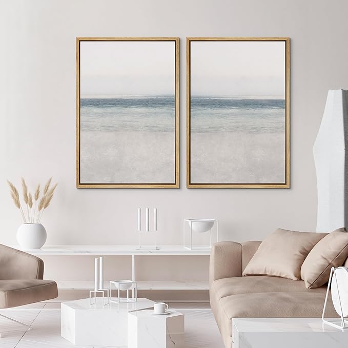IDEA4WALL Framed Canvas Print Wall Art Set Abstract Beach Shore Ocean Wave Horizon Nature Wilderness Illustrations Modern Art Decorative Coastal Cottage Seascape for Bedroom - 24"x36"x2 Natural