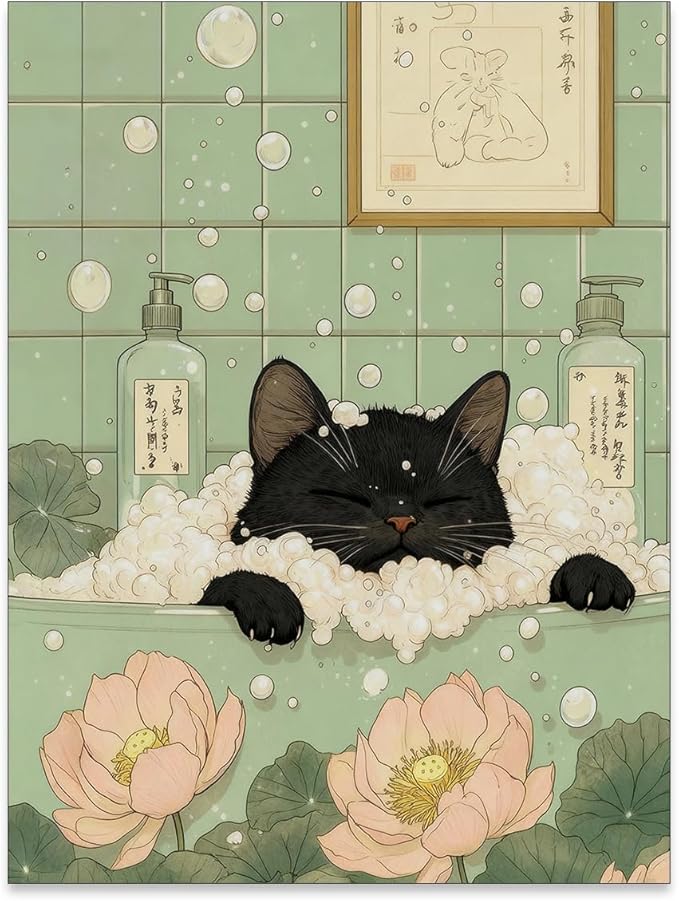 EOLRCIG Black Cat in Bathtub Poster Vintage Japanese Bathroom Wall Art Funny Cute Animal Canvas Prints for Bedroom Restroom Toilet Wall Decor 12X16 inch Unframed