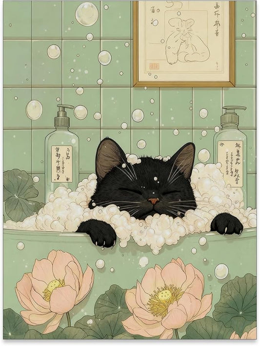 EOLRCIG Black Cat in Bathtub Poster Vintage Japanese Bathroom Wall Art Funny Cute Animal Canvas Prints for Bedroom Restroom Toilet Wall Decor 12X16 inch Unframed