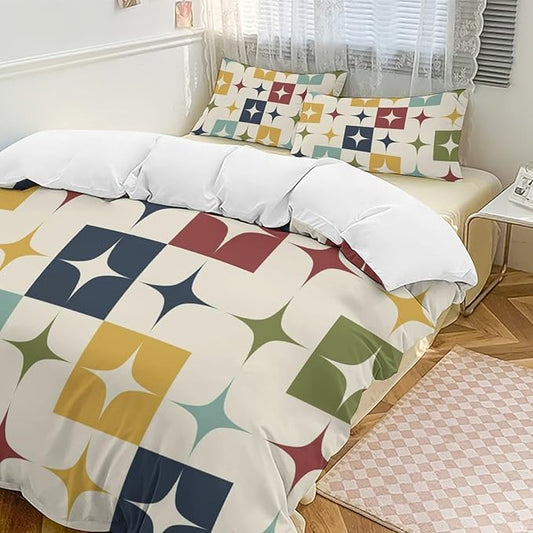 Mid Century Duvet Cover Sets Aesthetic Abstract Geometric Mid Century Retro Printed Lightweight Soft Quilt Cover Minimalist Soft Microfiber 3 Piece (1 Duvet Cover 90x102in + 2 Pillow Sham 20x30in)