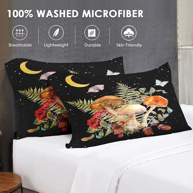 WeCozy 5 Pcs Twin Size Comforter Set with Pillowcase & Sham, Vintage Mushroom Moon Bedding for Kids and Adults, Butterfly Leaves Fern Bed in a Bag with Flat Fitted Sheet