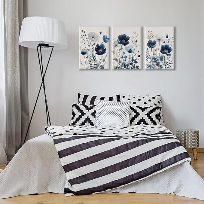 BingruiArt Navy Blue Canvas Wall Art Blue and Gray Boho Flower Wall Decor Floral Watercolor Art Prints Pictures Painting for Living Room Bedroom Bathroom 3Pcs 12x16in Framed
