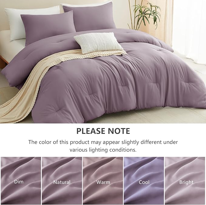 CozyLux California King Comforter Set Dusty Purple, 3 Pieces Cal King Lightweight Down Alternative Quilted Bedding Sets, Grayish Purple All Season Solid Comforter with 2 Pillowcases Bed Set Home Gift
