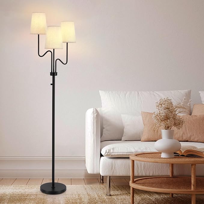 9MMML Farmhouse Dimmable Floor Lamp, Rustic 3-Light Floor Lamp with Fabric Shade, 68'' Tall Floor Standing Lamp for Living Room, Bedroom, Office, Corner, 3 x E26 LED Bulb Included