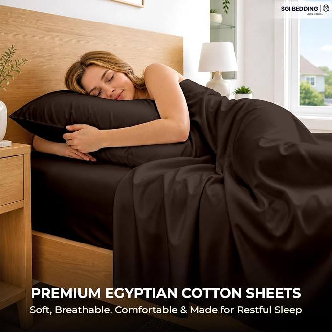 SGI bedding 100% Egyptian Cotton Sheets California King Size – 600 Thread Count Sheets Set, Soft, Cooling, 15" Deep Pocket, Luxury Hotel Bedding, Breathable, Durable - Chocolate