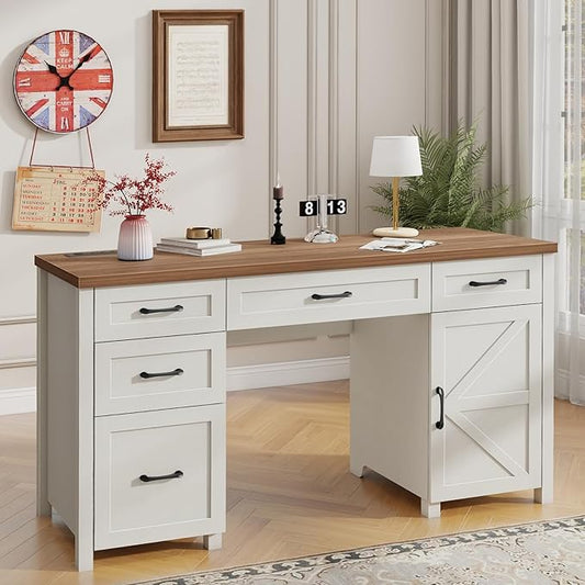 Vabches Farmhouse 61'' Executive Desk with 5 Drawers, Rustic Office Desk Computer Desk with Charging Station, File Drawers and Storage Cabinet, Wood Workstation for Home Office and Study.(Brown Top)