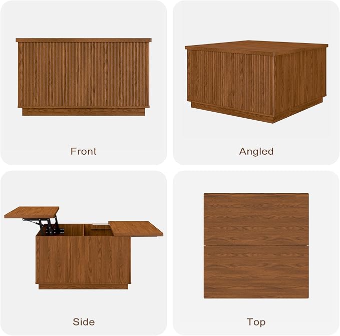 Lift Top Coffee Table with Storage,Fluted Square Center Table with Large Hidden Space,31.5" Coffee Table with Lifting Top,Center Table for Living Room,Brown