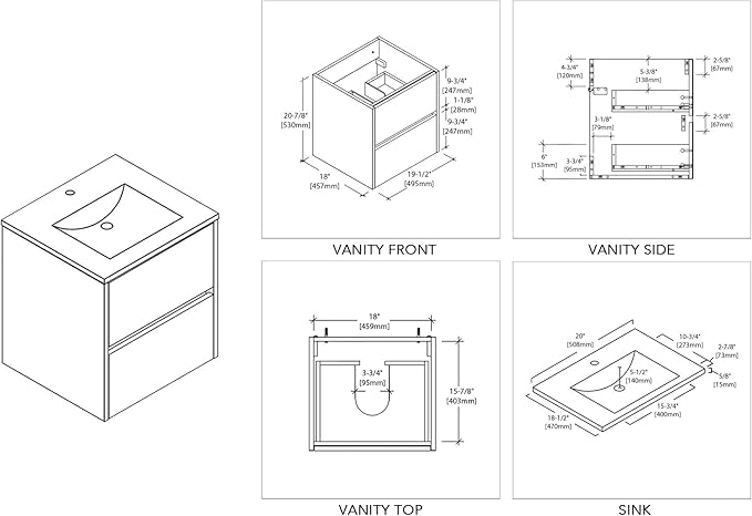 Blossom 20 Inches Single Bathroom Vanity with Ceramic Sink, All Wood Floating Vanity with Sink, Bathroom Cabinet with Soft Close Drawer, Modern Vanities with Storage, Glossy White
