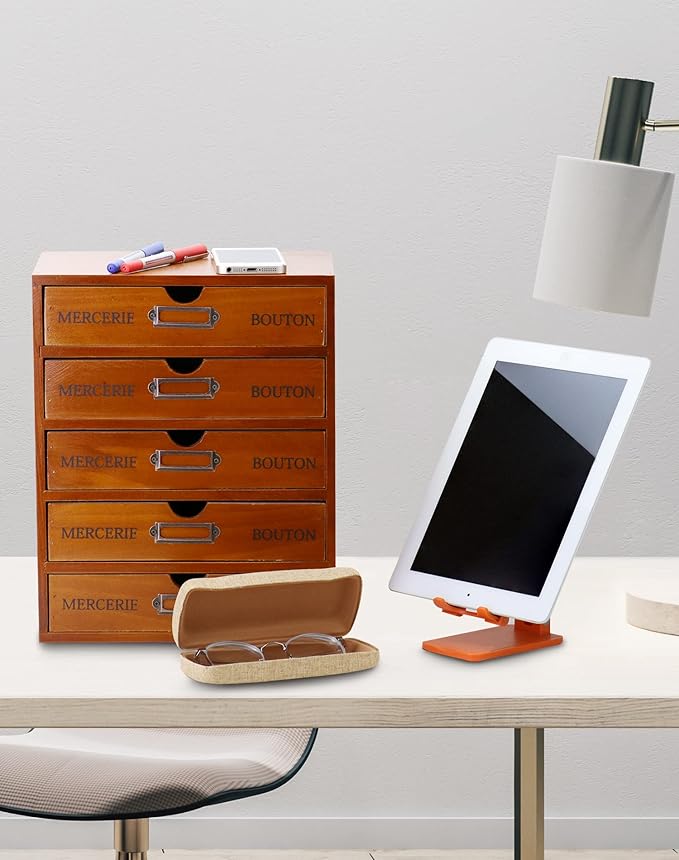 QWORK Vintage Wooden Home Office Desk Organizer with 5 Drawers - Rustic Desktop Storage Box for Jewelry, Cosmetics, Craft Paper & More