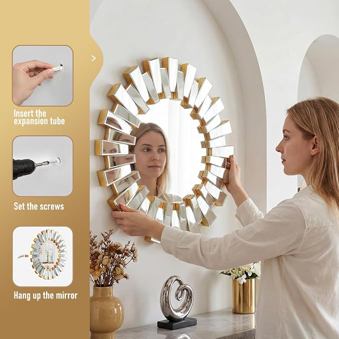 Sunburst Mirror - 26'' Gold Starburst Mirror with Beveled Glass Frame, Wall Decor Mirrors for Living Room, Dining Room, Bedroom,Hallway