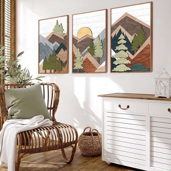 TOARTi Framed Wood Panel Mountain Forest Landscape Wall Decor (16"x24"), Vintage Nature Wilderness Woodland Wall Art, Mid Century Modern Sunrise Wooden Cut Decor for Farmhouse Bedroom Living Room