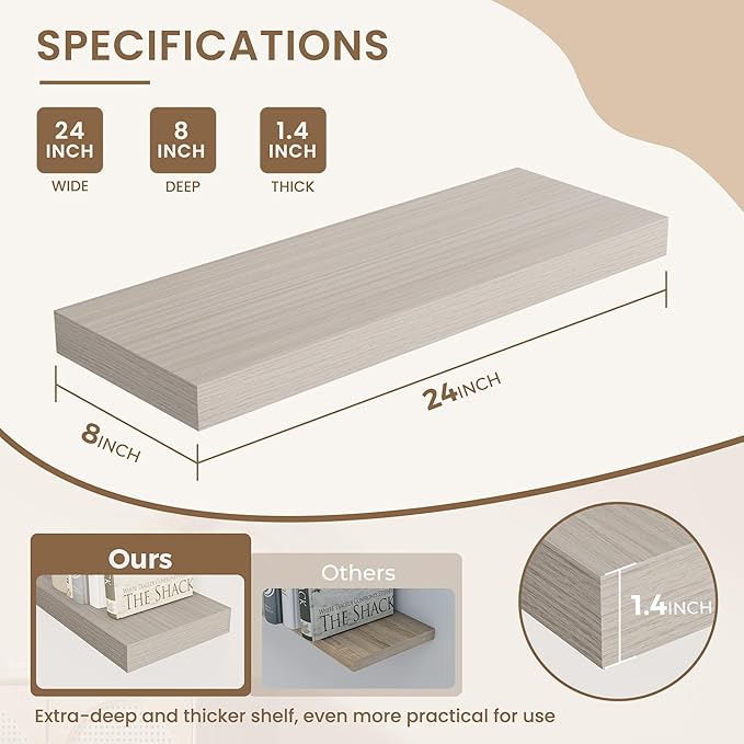 Dreamland 24 Inches Floating Shelves for Wall, 8" Deep Long Floating Shelves Set of 2, Large Display & Storage Shelf, Wall Shelf for Bathroom Bedroom Living Room Kitchen Office, Grey