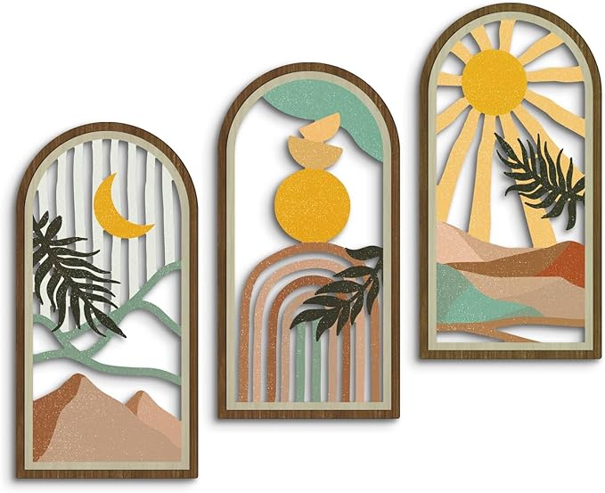 Putuo Decor Boho Wall Art Set of 3, Modern Minimalist Wooden Wall Decor, Nature-Inspired Abstract Aesthetic Room Decorations, Mid-Century Artwork for Living Room, Bedroom, Office (White, 16×8 in