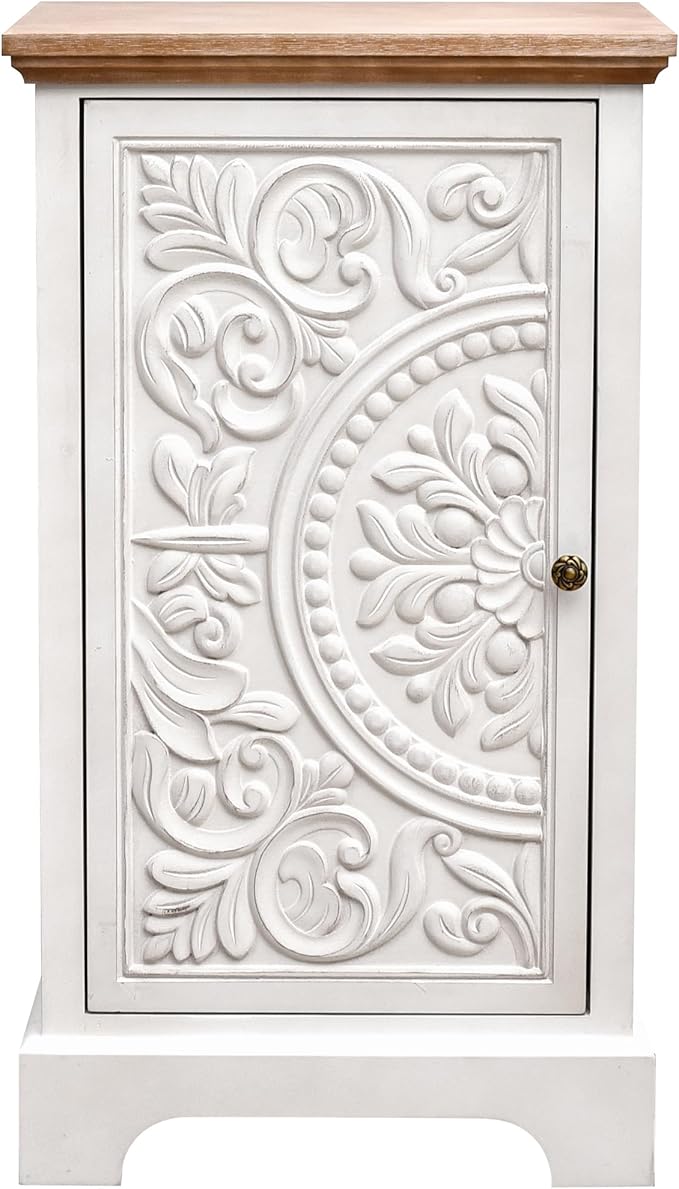 eHemco Ornate Floral Carved End Table with Storage, 18 x 14 x 30.5 Inches, Retro Style Living Room Furniture, Natural and White